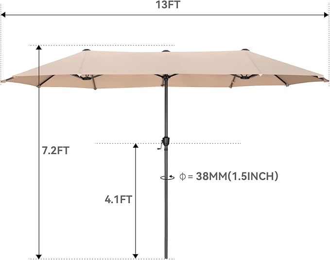 GREEN PARTY 13ft Rectangle Patio Umbrella, Double Sided Outdoor Table Umbrella with Crank & 1.5" Pole, Large Market Umbrella for Poolside Garden Deck Backyard, Beige
