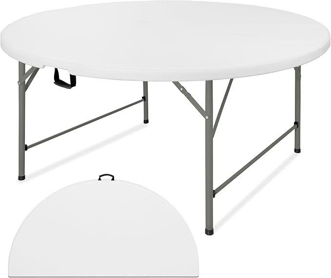 5 FT Round Folding Tables with Carrying Handle 60 inch Heavy Duty Portable Plastic Commercial Table Steel Legs for Party, Dining, Wedding, Events, Picnic Indoor, Outdoor (White,1 Pack)