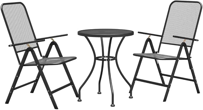 3 Piece Patio Dining Set with Expanded Metal Mesh Folding Chairs and Table for Outdoor Garden Backyard Balcony BBQ, Heavy Duty E-Coating, 7 Position Reclining Seat, Anthracite
