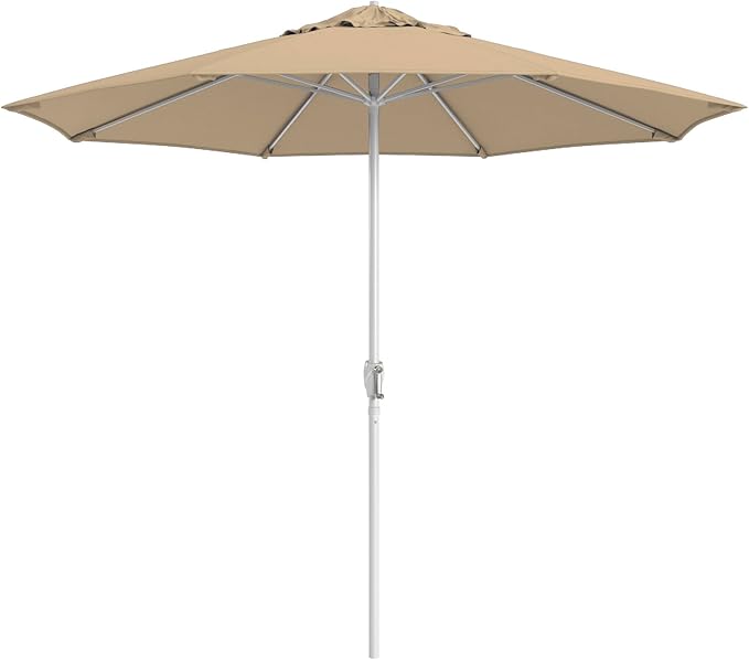 California Umbrella 10-Year Protection 9 Ft Outdoor Patio Umbrella, Pacifica Fade-Resistant Fabric, Auto-Tilt, Heavy Duty Aluminum Frame, 8 Reinforced Ribs for Pool or Deck, White Pole, Beige