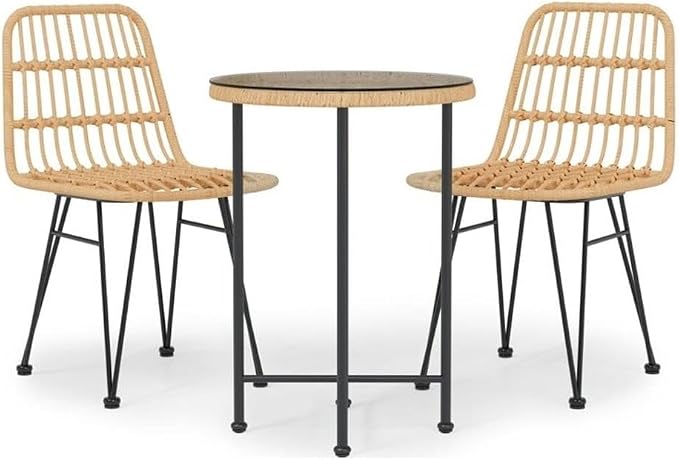 BOWERY HILL 3-Piece Steel Garden Dining Set, Round Tempered Glass Tabletop, Black Matte Finish, Poly Rattan Chairs, Compact Modern Outdoor Patio Dining Set for Balcony or Small Spaces, Seating for 2