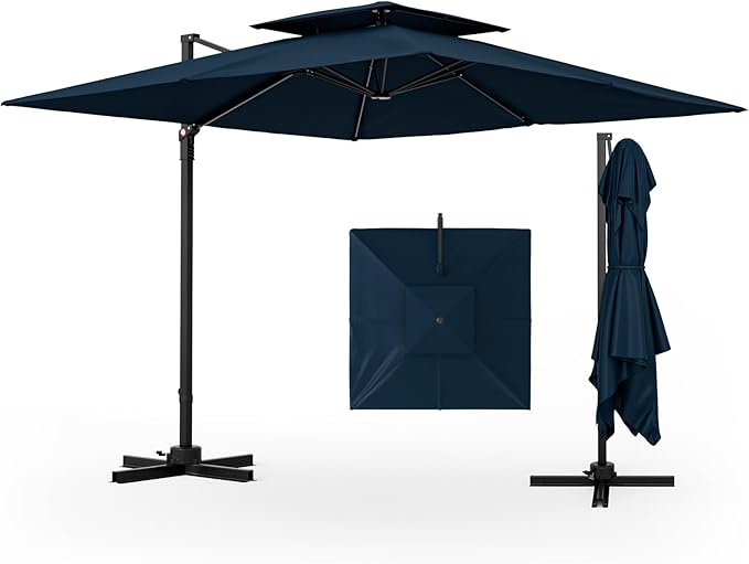 Tangkula 9.5 FT Cantilever Patio Umbrella, Outdoor Square Offset Umbrella with 360° Rotation, Double Top Heavy Duty Patio Hanging Umbrella with Cross Base for Garden Deck Pool Backyard (Navy)