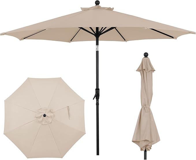 9FT Outdoor Patio Umbrella with Crank Lift & Auto Tilt - Market Umbrella, 8 Heavy-Duty Ribs, UV Resistant & Water-Repellent for Garden, Deck, Poolside & Backyard