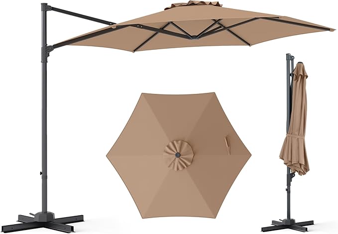 Tangkula 10FT Patio Umbrella, Offset Cantilever Outdoor Umbrella with 360 Degree Rotation, Air Vent, Cross Base for Pool Deck Garden Backyard (Tan)