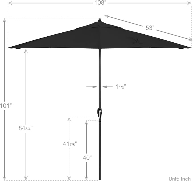 California Umbrella 12-Year Protection 9' Rd Aluminum Patio Umbrella, Crank Lift, Auto Tilt, Black Finish, Sunbrella Black