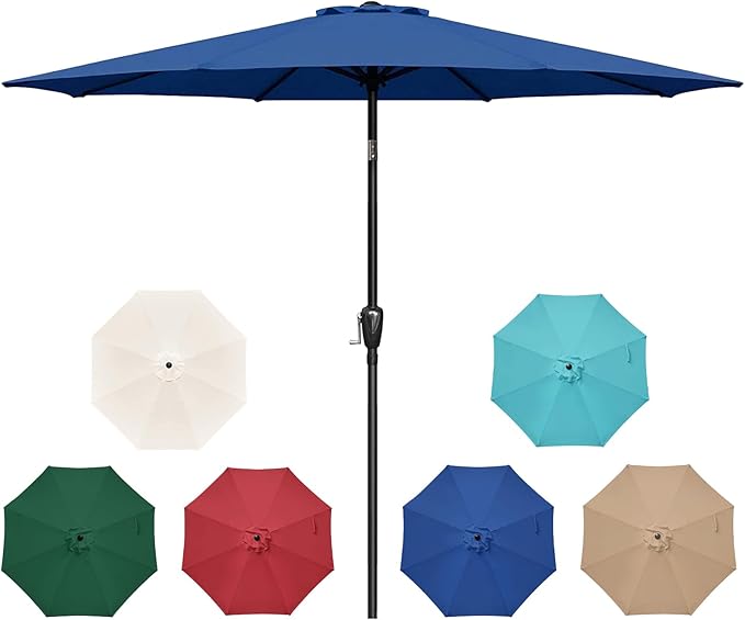 HealSmart 9FT Outdoor Patio Umbrella UV-Protection Table Umbrella with Push Button 8 Ribs Tilt/Crank Waterproof Market Umbrella for Garden, Backyard, Pool, Deck, Blue