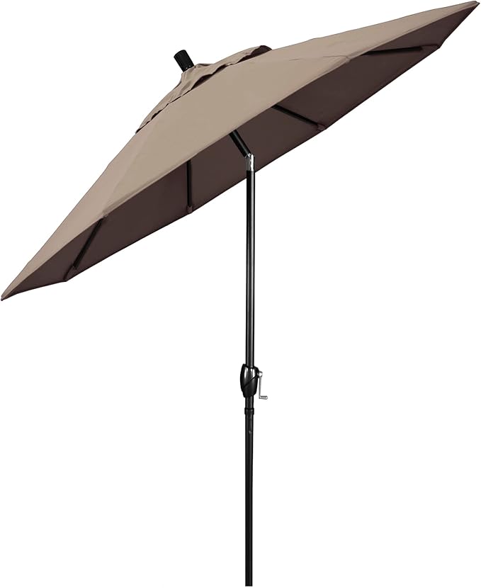 California Umbrella 9' Round Aluminum Market Umbrella, Crank Lift, Push Button Tilt, Black Pole, Sunbrella Taupe