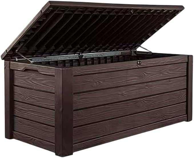 Outdoor Deck Box Storage, 150 Gallon, Brown Wood Grain, Polypropylene Resin, 61x28.34x25.19 Inches, Bench Seating 660 lbs Capacity