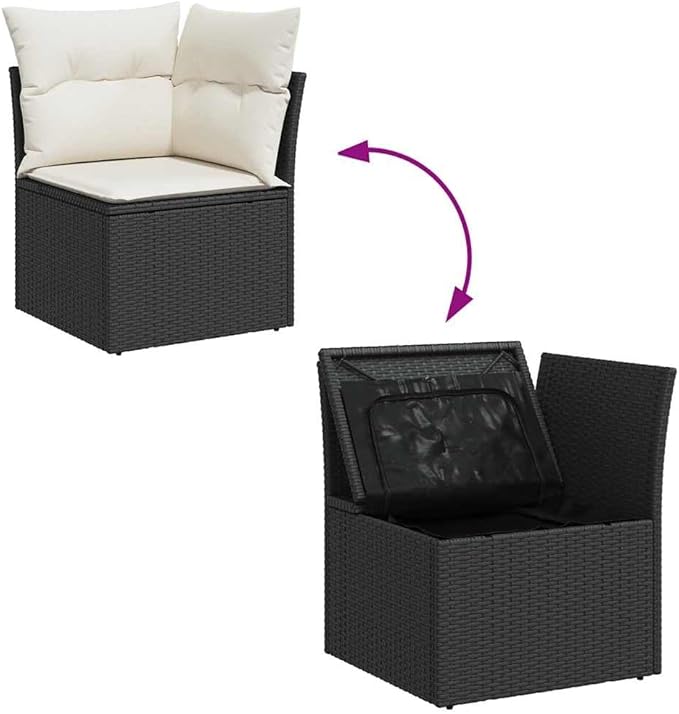 vidaXL 7 Piece Garden Sofa Set Black Poly Rattan with Storage Cushions Acacia Wood Perfect for Outdoor Spaces and Relaxation Patio Lounge Wicker Modular Furniture Conversation