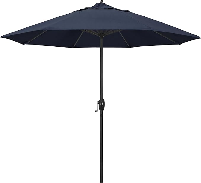 California Umbrella 12-Year Protection 9' Rd Aluminum Patio Umbrella, Crank Lift, Auto Tilt, Black Finish, Sunbrella Indigo