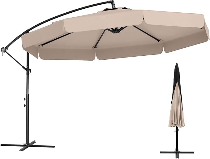 Tangkula 10FT Offset Hanging Umbrella with Cover, Patio Cantilever Umbrella w/ Easy Tilt Adjustment, Crank, Ruffled Edge, 8 Ribs, Sun-Protective Canopy, Heavy-Duty Outdoor Parasol for Pool Garden Deck (Beige)