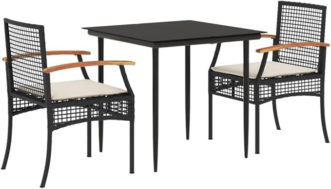 3 Piece Patio Dining Set with Cushions, Outdoor Lounge Sets Front Porch Furniture Sectional Sofa Porch Furniture Set for Piazza Exhibition Negotiation Area Garden Black Poly Rattan