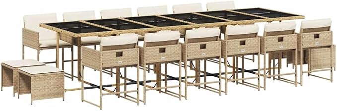 17 Piece Garden Dining Set, 16 Seater Patio Furniture, Rectangular Outdoor Table with Cushions, Foldable Poly Rattan Seating for Backyard Deck