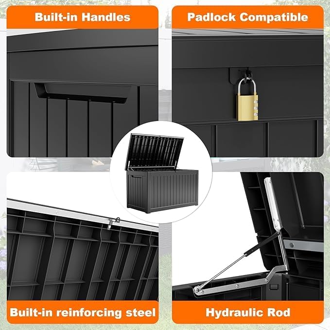 PatioZen 281 Gallon Outdoor Deck Box,Waterproof Resin Outdoor Storage Boxes, Outside Storage Lockable Container for Garden Tools,Indooor Cushions,Accessories (Black)