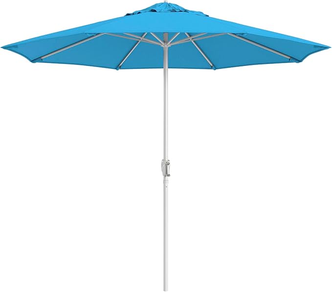 California Umbrella 12-Year Protection 9-Ft Outdoor Patio Umbrella, Sunbrella Fade-Resistant Fabric, Auto-Tilt, Heavy Duty Aluminum Frame, 8 Reinforced Ribs for Pool or Deck, White Pole, Canvas Cyan