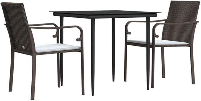 Afuera Living 3-Piece Contemporary Garden Dining Set, 31.5 in Square Table, PE Rattan/Steel/Tempered Glass, Brown/Black/Cream White Finish, Cushioned Chairs, Compact Design for Patio, Balcony,
