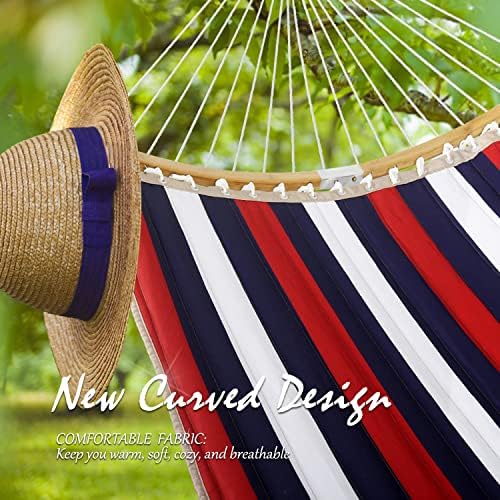 2 Person Hammock with Hanging Kits, Quilted Hammock for Tree with 2 Pcs Heavy Duty Stainless Steel S Hooks, 1 Detachable Pillow, Curved Spreader Bar,Chains, Carrying Bag,450 LBS Capacity