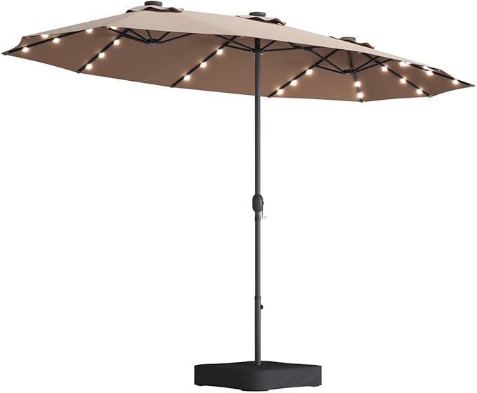 Tangkula 15 Ft Solar Patio Umbrella with Base, Extra Large Outdoor Double-Sided Twin Umbrella with 36 LED Lights & Crank Handle for Garden, Deck, Poolside, Patio (Tan)