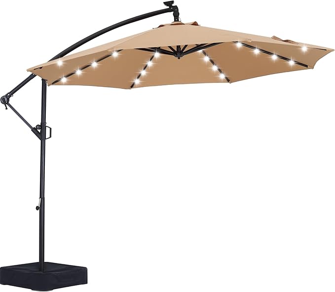 ABCCANOPY 10 FT LED Patio Umbrellas Cantilever Umbrella with base, 360° Rotation Outdoor Lighted Offset Umbrella Bonus Fix Frame & Weights Bag for Backyard, Deck, Poolside (Khaki)