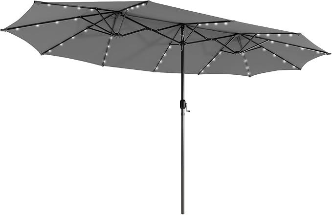 Giantex 15 FT Double Patio Umbrellas with 48 Solar LED Lights, Auto-Charging Panel, Crank System, Outdoor Extra-Large Rectangle Market Table Umbrella for Garden Deck Backyard Beach Pool