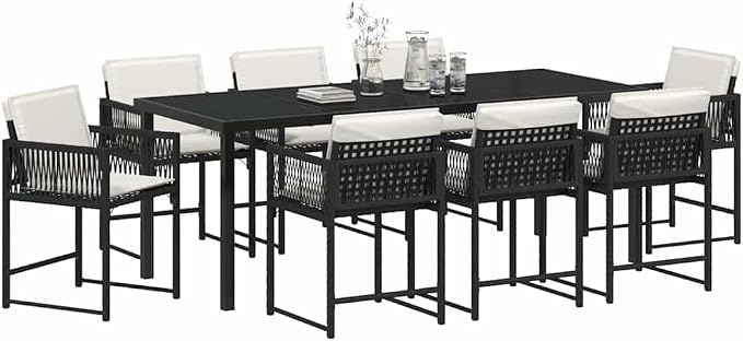 9-Piece Outdoor Garden Dining Set, Black Poly Rattan Patio Furniture with Glass Top Table and 8 Comfortable Chairs, Weather-Resistant Backyard Seating
