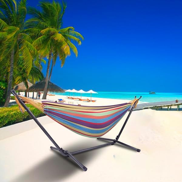 Double Hammock with Steel Stand for Outside,Portable Space Saving Heavy-Duty Steel Frame Hammock w/Portable Carrying Bag for Indoor Outdoor Patio Yard Camping,Easy Assembly,600 lbs Capacity (Rainbow)