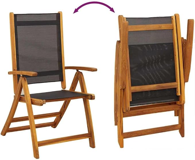 7-Piece Acacia Wood Oval Dining Set with Reclining Chairs | Features a dark oil finished table and 6 folding chairs with black textilene fabric for patio and backyard use.