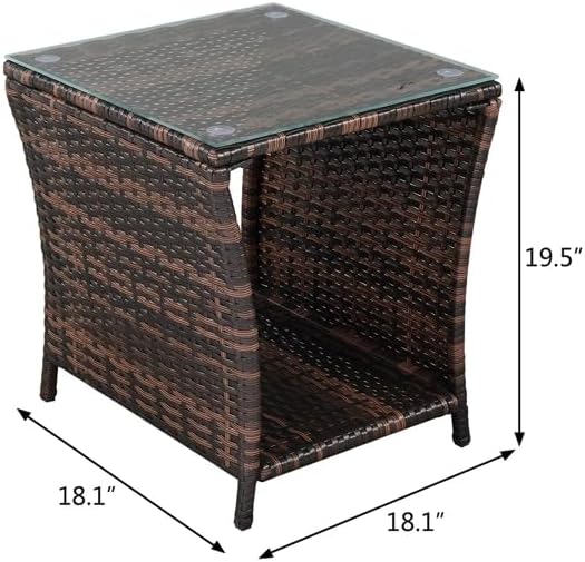 Generic Outdoor Patio Wicker Side Table, End Table with Glass Top Rattan Storage for Patio Courtyard Balcony - Brown, 18.1 x 18.1 x 19.5 inches
