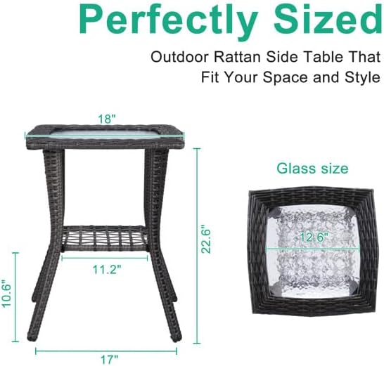 Outdoor Wicker Side Table, Rattan End with Glass Top, Patio Coffee Bistro for Indoor Garden Porch Balcony (Grey)