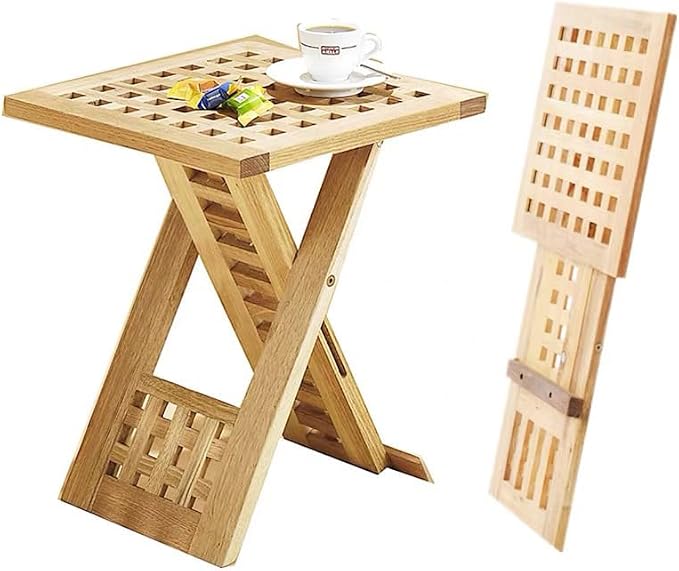 Small Folding Table Wooden Side Table for Outdoor Garden Patio, Foldable Square Coffee Table, Solid Elm Wood Folding End Table for Balcony, Kitchen, Camping, Picnic, Indoor & Outside Use