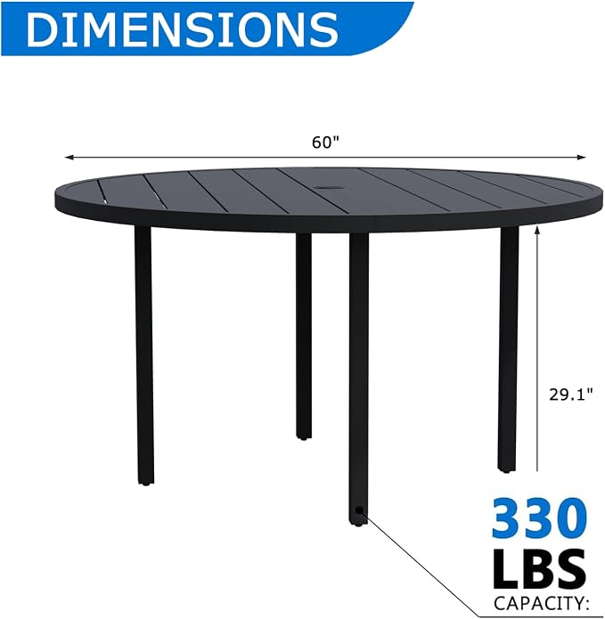 60" Round Outdoor Patio Table for 8, Metal Black Dining Table with Adjustable Umbrella Hole, Garden, Backyard & Deck Bistro Table