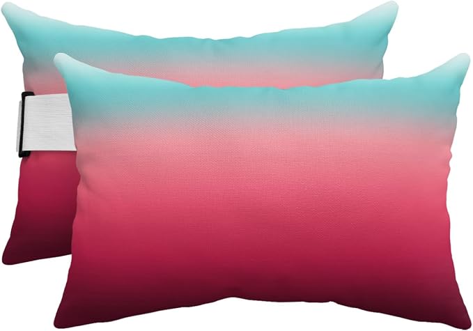 Outdoor Pillows Covers with Inserts Teal Turquoise Red Ombre Stripe Line Gradient Waterproof Recliner Pillow with Adjustable Strap Throw Pillows for Patio Furniture Pool Lounge Chair, 12x20 Inch, 2PCS