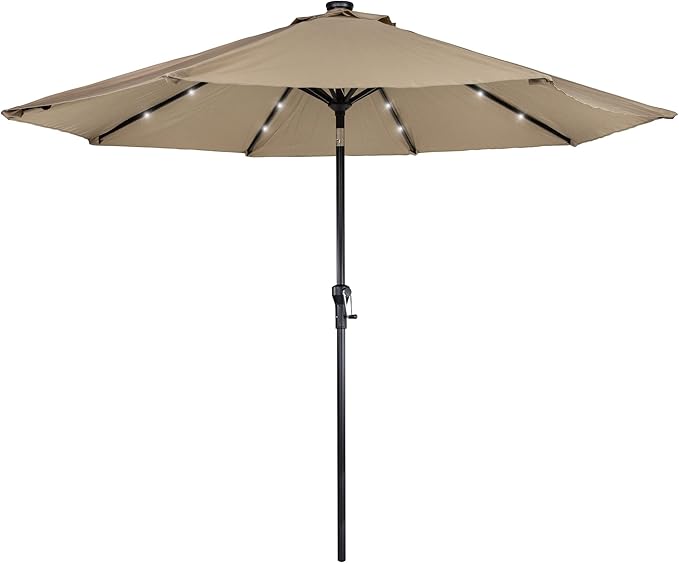 Northlight 9ft Solar Lighted Outdoor Patio Market Umbrella with Hand Crank and Tilt, Taupe