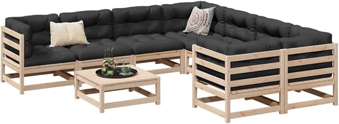 vidaXL Patio Sofa Set - 9 Piece Modular Outdoor Conversation Set - Solid Natural Pine Wood - Slatted Design - Customizable Arrangement - Garden, Backyard, Patio Use