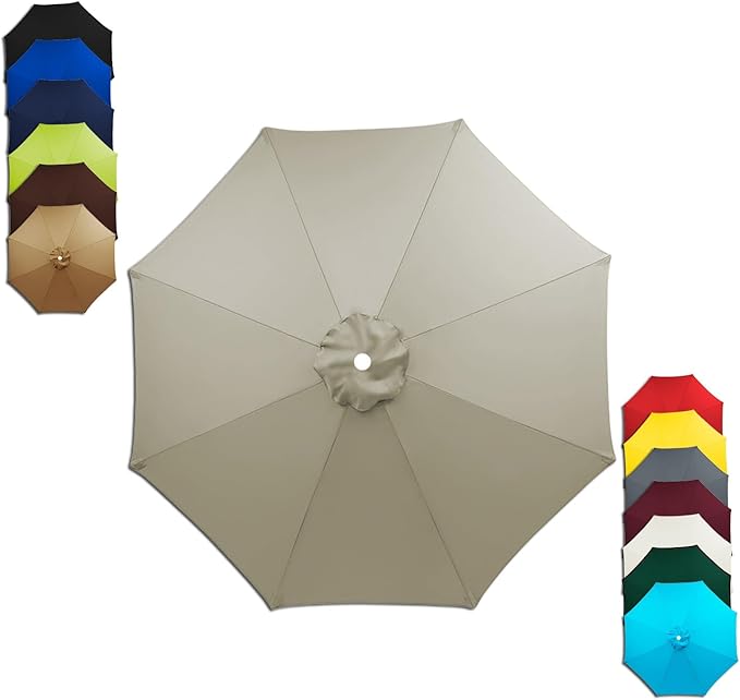 6/8 Ribs Patio Umbrella Replacement Canopy 6.5ft 7.5ft 8.2ft 8.9ft 9.8ft 11.5ft Waterproof UV Protective Replacement Parasol Fabric Cover for Garden Outdoor(Top Color,9.8ft/6ribs)