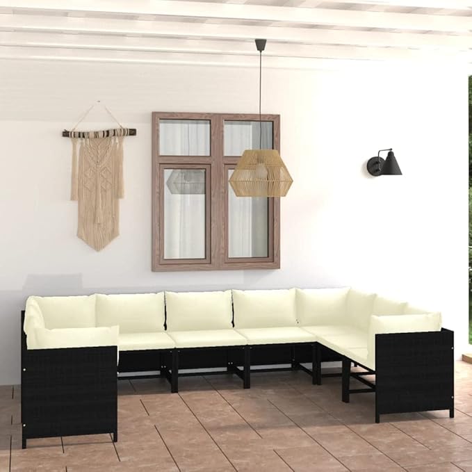 9-Piece Black PE Rattan Patio Lounge Set, Modular Sectional with Cream Cushions, 23.6" Cube Seats for Deck, Balcony, Garden
