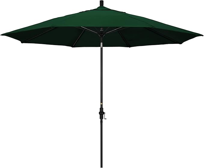 California Umbrella 11Ft Sunbrella Patio Umbrella, Fiberglass Ribs, Hand-Crank, Tilt-Collar, Black Frame, Forest Green Fabric