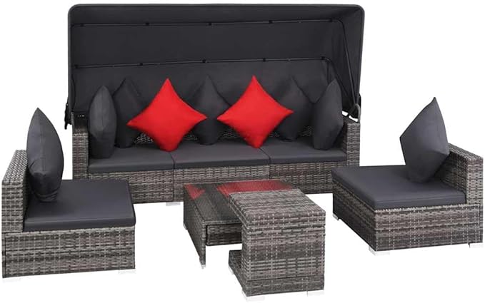 vidaXL Patio Furniture Set 7 Piece, Patio Conversation Set with Cushions and Canopy, Sectional Sofa with Side Table, Wicker Furniture, Poly Rattan Gray