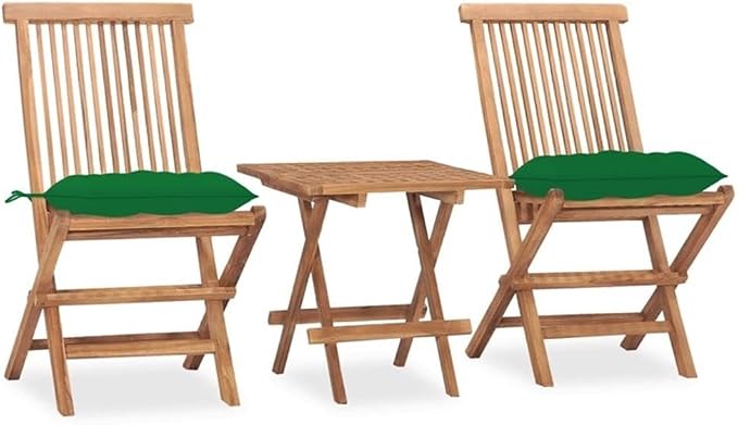 BOWERY HILL 3-Piece Patio Dining Set, Solid Teak Wood, Natural Finish, Green Cushions, Foldable Table and Chairs, Weatherproof Outdoor Furniture for Small Garden or Patio Spaces