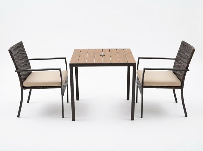 3 Piece Patio Dining Set, Wicker Outdoor Table and Chairs with Umbrella Hole ＆ Soft Cushion, Patio Furniture Set for Backyard, Garden, Poolside, Deck - Black＆White