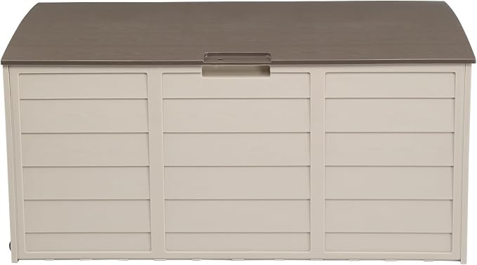 75-Gallon Outdoor Storage Bench with Wheels, Heavy-Duty Waterproof Deck Box for Patio, Garden, and Pool Organization (Brown lid + beige box)