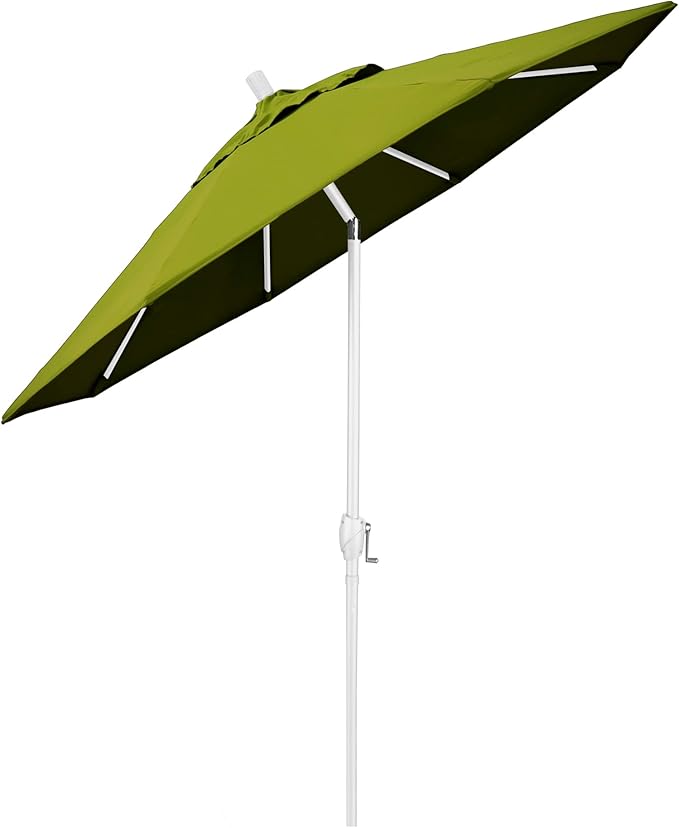 California Umbrella 9' Round Aluminum Market Umbrella, Crank Lift, Push Button Tilt, White Pole, Kiwi Olefin