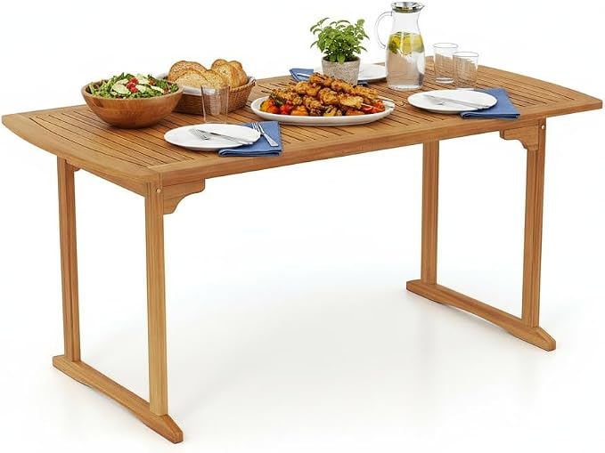 Tangkula 63-Inch Acacia Wood Outdoor Dining Table, 4-6 People Large Patio Table with Umbrella Hole & Slatted Tabletop, Rectangular Outside Table for Backyard, Garden, Porch, Deck