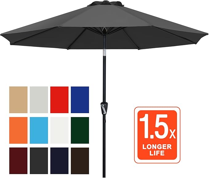 ABCCANOPY 9FT Outdoor Patio Umbrella, 8 Ribs Table Umbrella w/Crank for Easy Set Up, Suitable for Garden, Lawn, Deck & Backyard (Dark Gray)