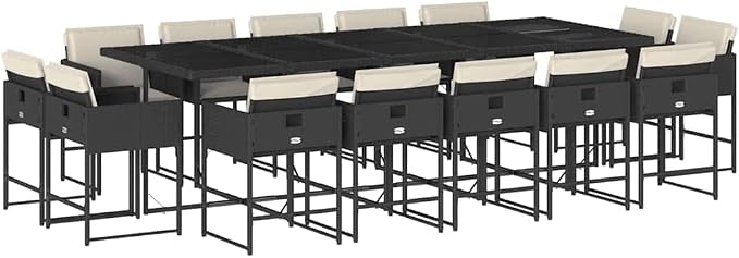 15 Piece Patio Dining Set with Cushions Black Poly Rattan Outdoor Furniture Set for 14 People, Foldable Chairs with Removable Cushion Covers, Tempered Glass Table for Garden Dining and Relaxation
