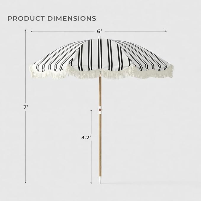 6FT Stripe Fringe Beach Umbrella for Sand with Sand Anchor, UPF 50+ Sun Shade with Tassels, Adjustable Tilt Pole, Portable Coastal Umbrella for Beach & Pool, Heritage Black Stripe