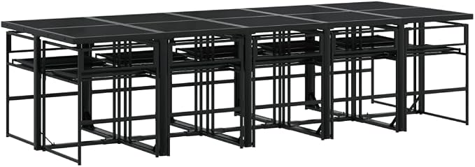 11 Piece Outdoor Dining Set, Patio Table and 10 Folding Chairs with Cushions, Space Saving Cube Design, Black Textilene Garden Furniture