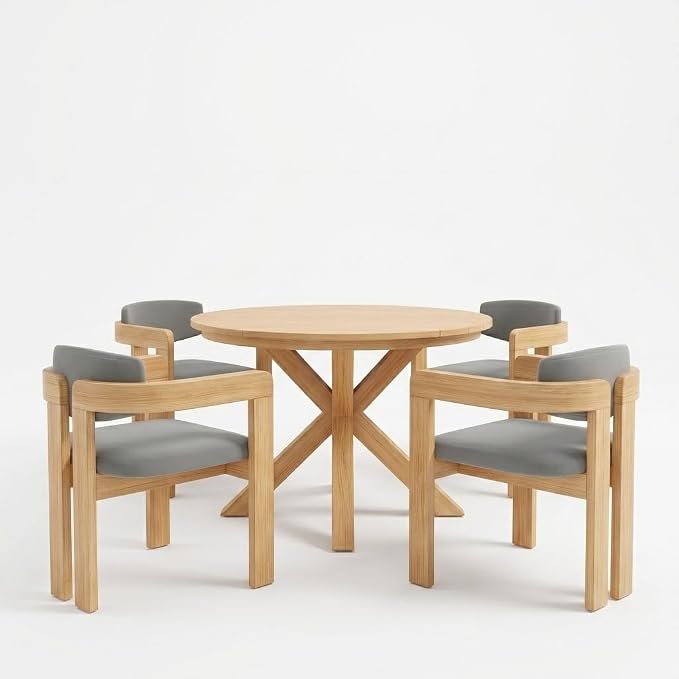 5-Piece Outdoor Dining Set, Solid Acacia Wood Patio Table with 4 Barrel Chairs, Cushioned Seats & Backs (Non-Removable), Modern Garden Conversation Set, Gray Cushion
