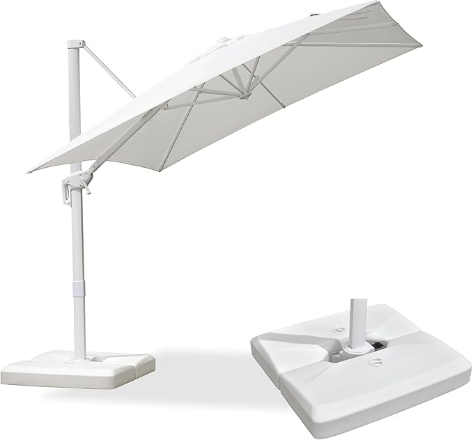 PURPLE LEAF 8 FT Patio Umbrella With Base White Cantilever Umbrella Square Outdoor Offset Umbrella Windproof with 360° Rotation for Garden Deck Pool, White