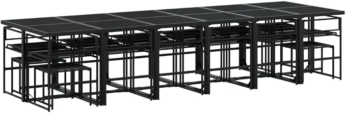 17 Piece Patio Dining Set with Cushions Black Textilene Outdoor Furniture Table Chairs Stools Tempered Glass UV Resistant Fade Proof Foldable Storage Space Saving